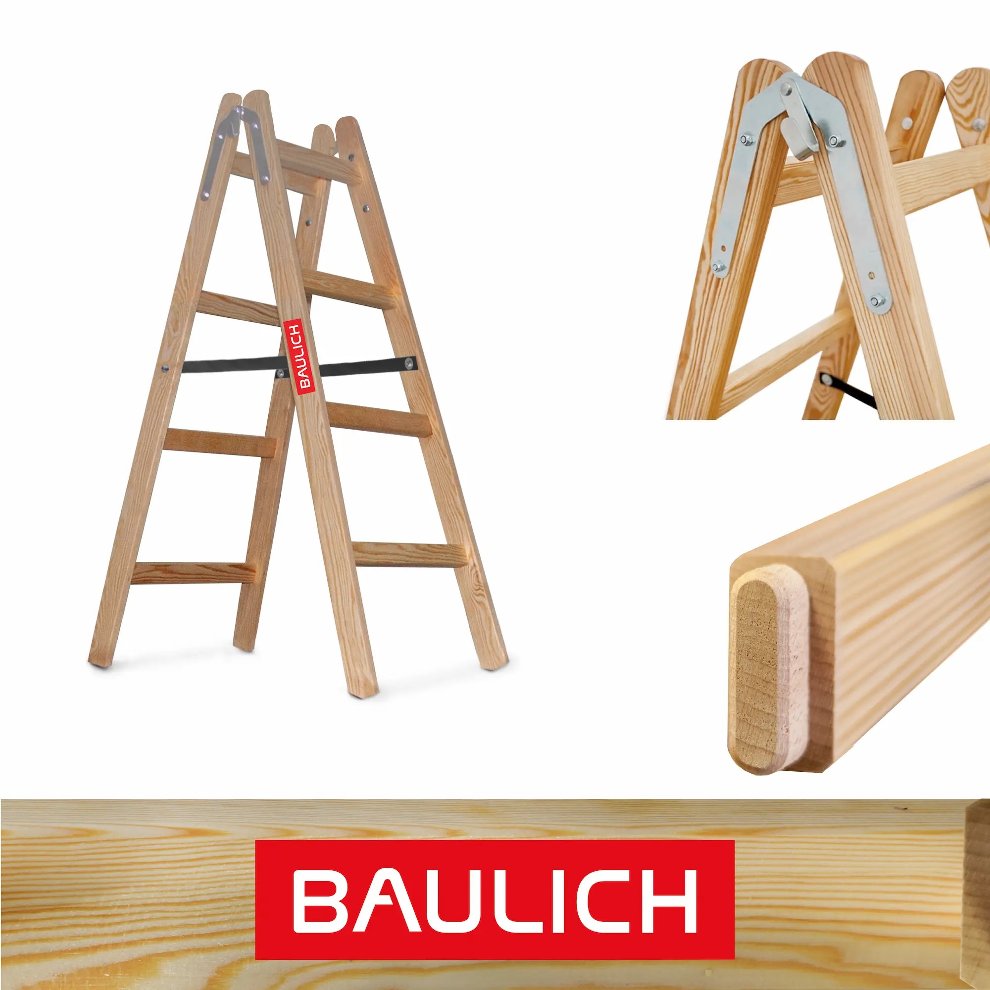 Profesjonalna drabina drewniana dwustronna Baulich 2x4 stopnie do malowania i remontu