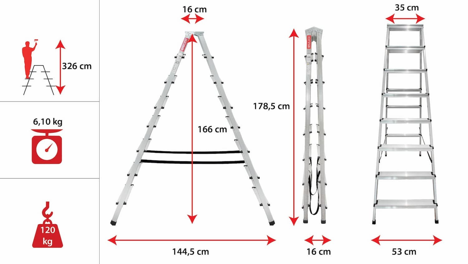 Dwustronna drabina aluminiowa Baulich 2x8 stopni z wymiarami